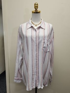 GAP Striped Button Down Shirt Pink, White, Olive, Size Large.